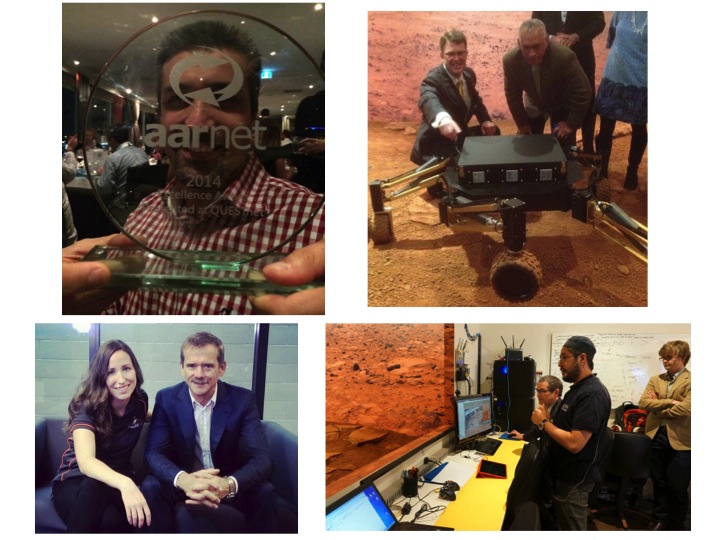 Top left, our AARNet award for excellence; top right US Ambassador to Australia Joh Berry and head of NASA Administrator Charles Bolden examine of our rovers, Mammoth; bottom left, Mars Lab Program Producer Isabelle Kingsley meets the singing astronaut Chris Hadfield when he visited the Powerhouse Museum in August, 2014; bottom right, in the Mars Lab